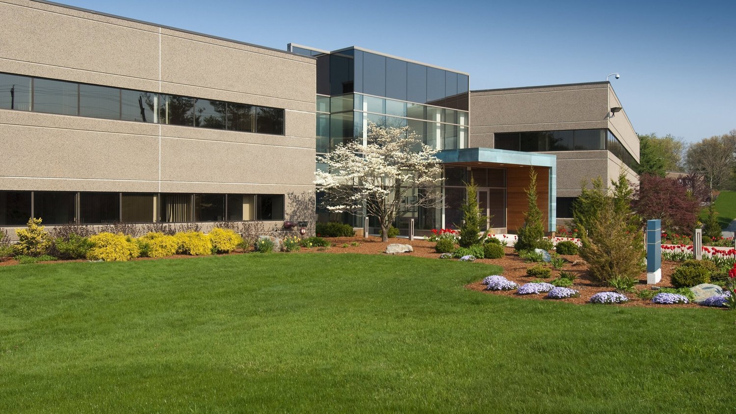 Commercial building and landscaped grounds